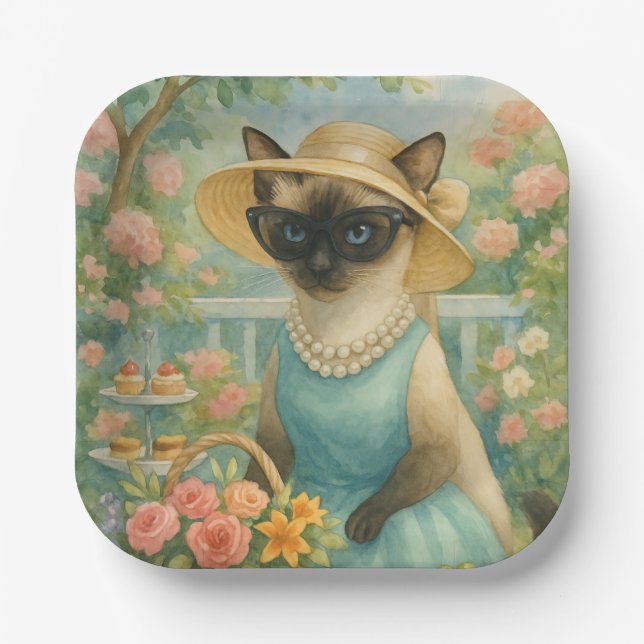 Plato De Papel El gato está en un hermoso jardín (Anverso)