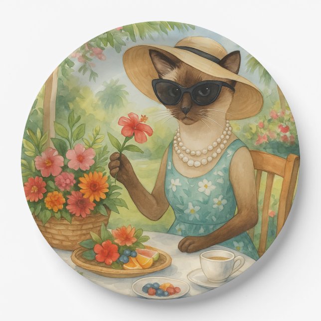Plato De Papel El gato está tomando té en el jardín (Anverso)