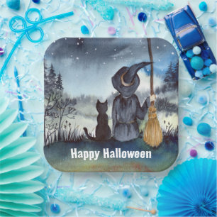 Plato De Papel El gato negro de Halloween y la noche estrellada d