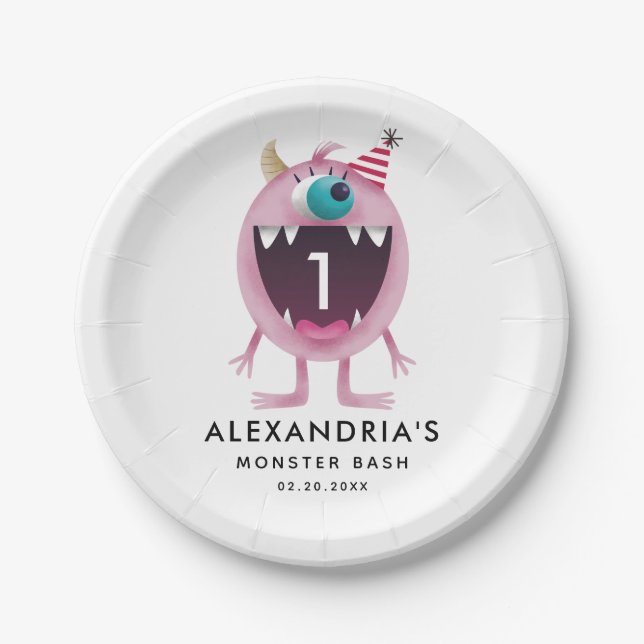 Plato De Papel El golpe del monstruo embroma rosa de la fiesta de (Anverso)