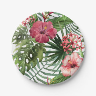 Plato De Papel El hibisco tropical florece el modelo del follaje