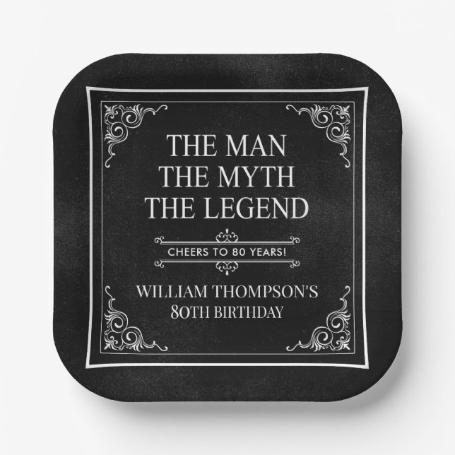 Plato De Papel El hombre el mito la leyenda 80 cumpleaños negro (Anverso)