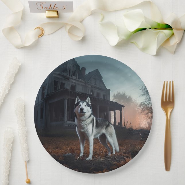 Plato De Papel El Husky Halloween Siberian asuy (Boda)