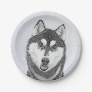 Plato De Papel El Husky Siberiano (blanco y negro) pinta arte de 