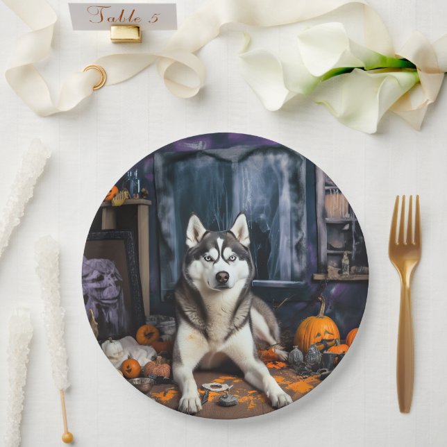 Plato De Papel El Husky Siberiano Calabaza Halloween Scary (Boda)
