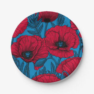 Plato De Papel El jardín de amapola roja en azul