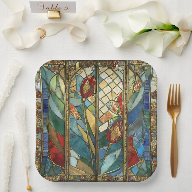 Plato De Papel El Jefe Rojo de Vidrio Manchado atiende al amanece (Boda)