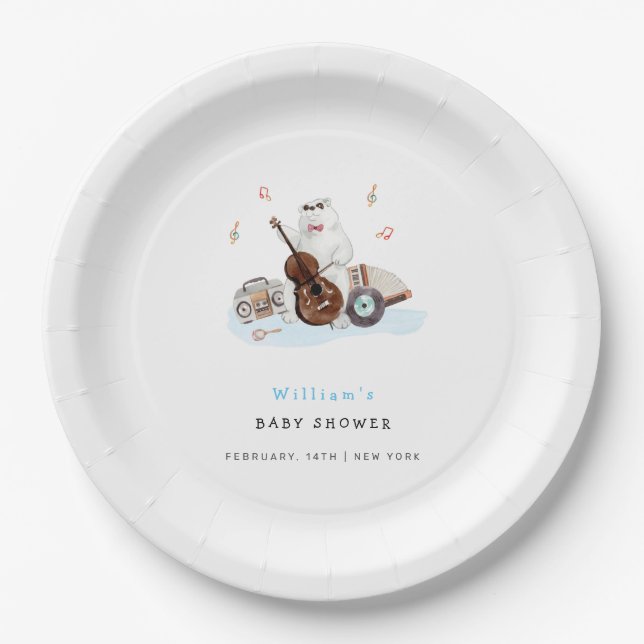 Plato De Papel El músico de corte Polar Bear Baby Shower (Anverso)