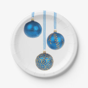 Plato De Papel El navidad azul de la bola adorna la placa de