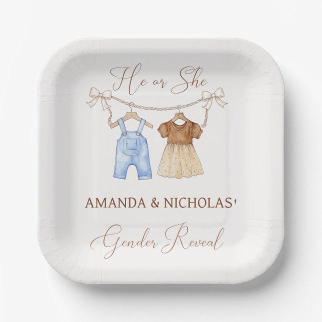 Plato De Papel Él o Ella Ropa Revelación de Género (Anverso)