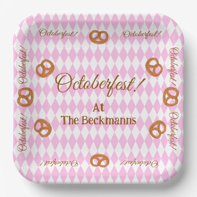 Plato De Papel El Octoberfest Pretzels rosado personalizado (Anverso)