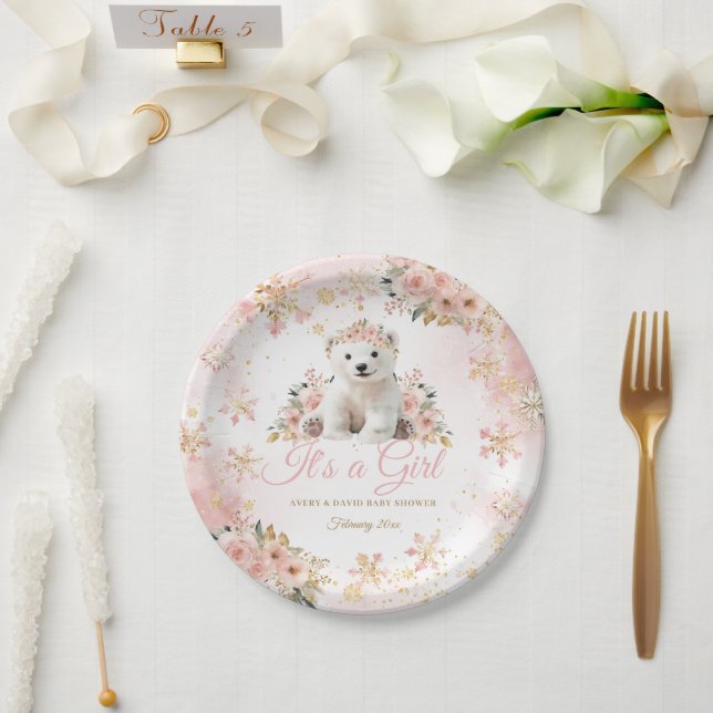 Plato De Papel El oso blanco rosado de invierno es un Baby Shower (Boda)