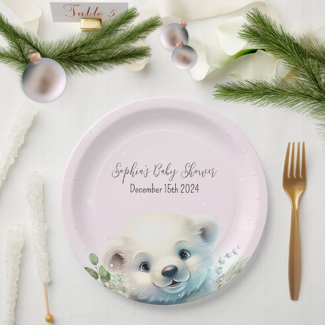 Plato De Papel El oso polar invernal frío fuera del Baby Shower r (Pink Polar Bear Winter Baby Shower Paper Plate)