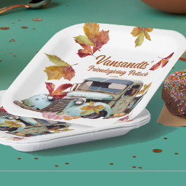 Plato De Papel El otoño deja calabazas de camiones azules vintage