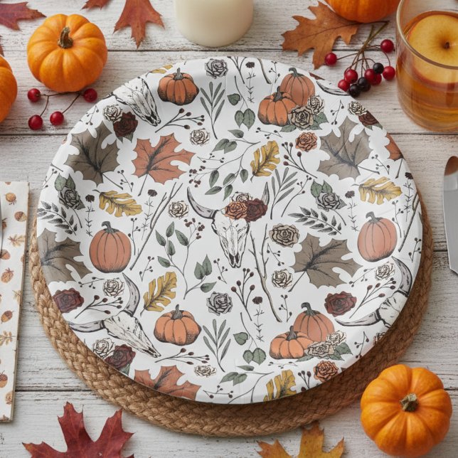 Plato De Papel El patrón de Acción de Gracias: cosecha de cráneo  (Chic Rustic Floral Cow Skull Pattern Autumn Paper Plates. Country Western & Slightly Gothic Style)