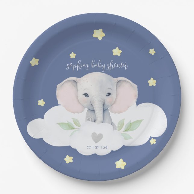 Plato De Papel El pequeño cacahuete Baby Shower Elefante Azul (Anverso)