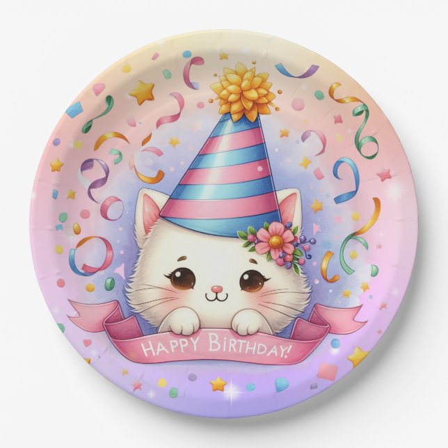 Plato De Papel El Personalizado lindo Kawaii Kitty Cat Feliz cump (Anverso)