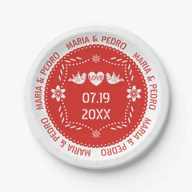 Plato De Papel El picado de papel ama pájaros rojo boda mexicano (Anverso)