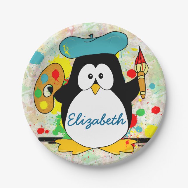 Plato De Papel El pintor artístico del pingüino personaliza (Anverso)