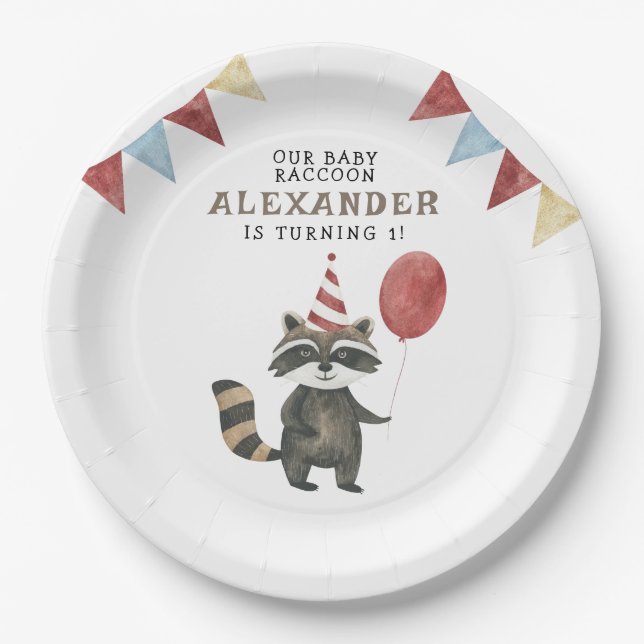 Plato De Papel El primer cumpleaños de nuestro bebé mapache  (Anverso)