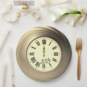 Plato De Papel El reloj de oro de la víspera de Año Nuevo golpea