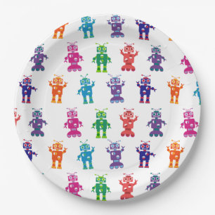Plato De Papel El robot loco multicolor embroma a la fiesta de