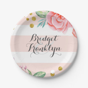 Plato De Papel El rosa raya las flores de la acuarela del confeti