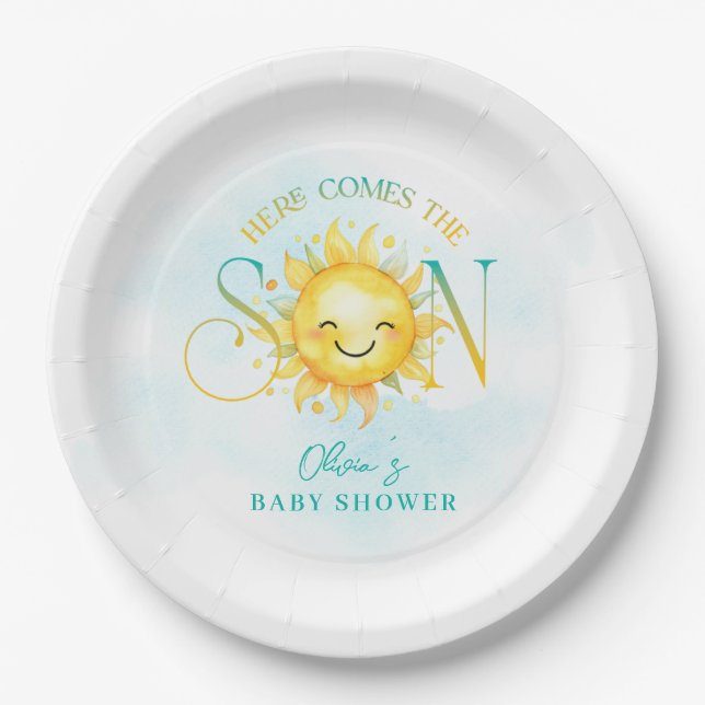 Plato De Papel El sol limpio aquí viene el Baby Shower del hijo (Anverso)