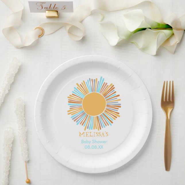 Plato De Papel El sol retro boho viene aquí (Boda)
