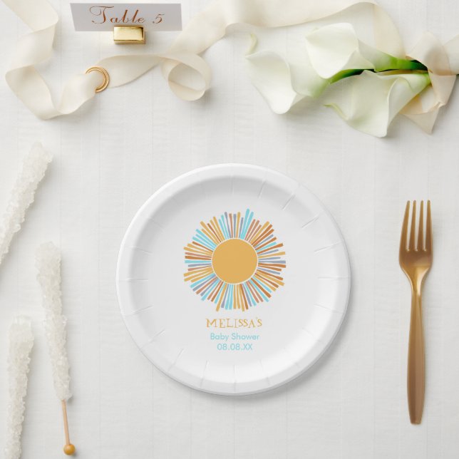 Plato De Papel El sol retro boho viene aquí (Boda)