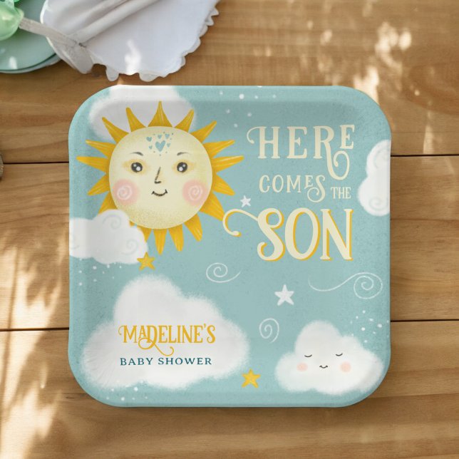 Plato De Papel El Sol retro y caprichoso viene aquí el hijo de la (Retro whimsical Sun here comes the son baby shower Paper Plates)