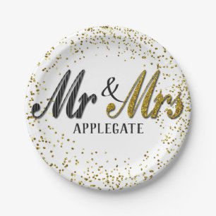 Plato De Papel El Sr. y la Sra. Tuxedo Boda Personalizada de Oro