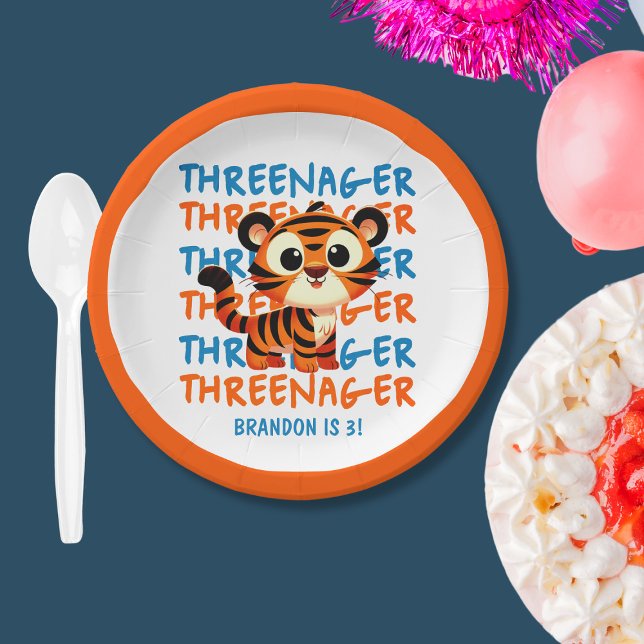 Plato De Papel El tercer Fiesta de cumpleaños del personalizado T (Custom Tiger Threenager Boy's 3rd Birthday Party Paper Plates
)