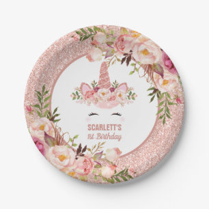 Plato De Papel El unicornio color de rosa femenino/la acuarela