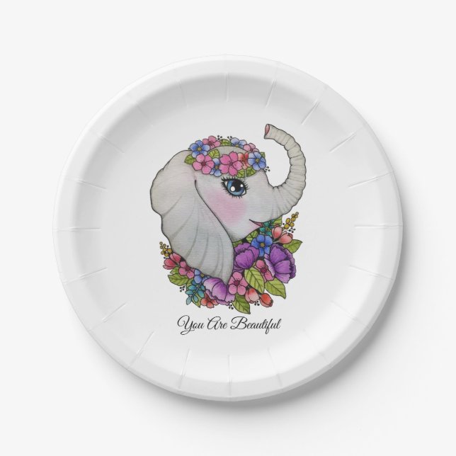Plato De Papel Elefante acuarela con flores silvestres (Anverso)