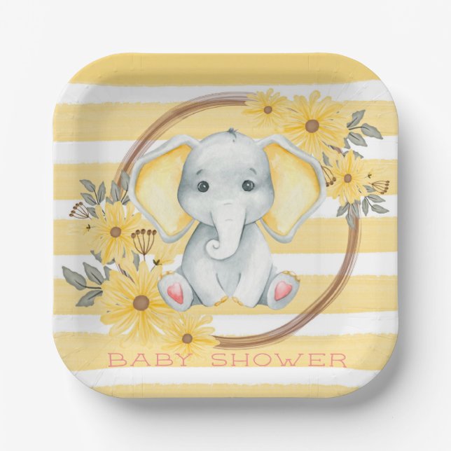 Plato De Papel Elefante acuático con Baby Shower de tira amarilla (Anverso)