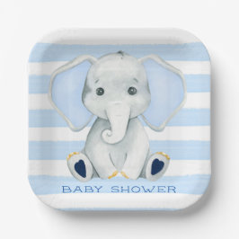 Plato De Papel Elefante acuático con franjas azules Baby Shower