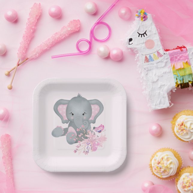 Plato De Papel Elefante adorable en acuarela  (Fiesta)