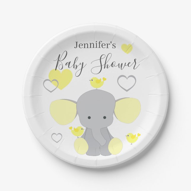 Plato De Papel Elefante amarillo Chica Baby Shower Fiesta (Anverso)