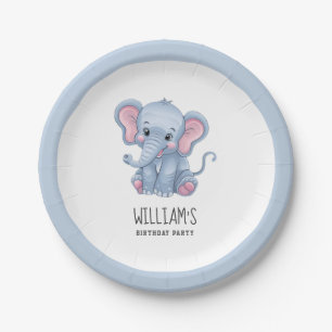 Plato De Papel Elefante animal Safari personalizado azul blanco
