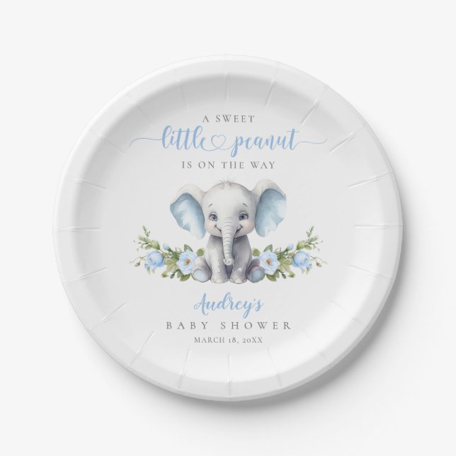 Plato De Papel Elefante azul cúbico bebé niño ducha (Anverso)