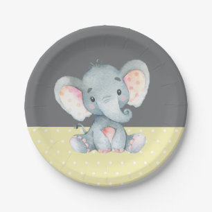 Plato De Papel Elefante Baby Shower amarillo y gris