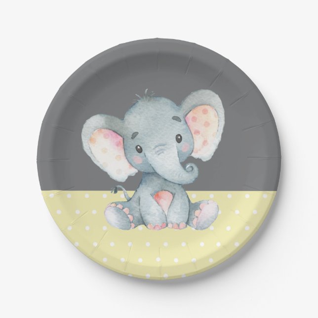 Plato De Papel Elefante Baby Shower amarillo y gris (Anverso)