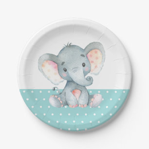 Plato De Papel Elefante Baby Shower Aqua Turquesa Verde azulada