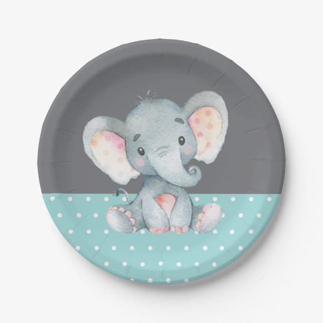 Plato De Papel Elefante Baby Shower Aqua Turquesa Verde azulada y (Anverso)