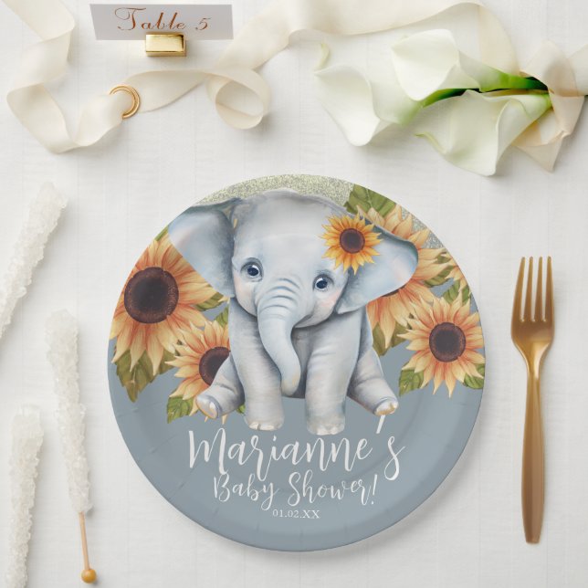 Plato De Papel Elefante Baby Shower Sunflower Purpurina Dusty Blu (Boda)