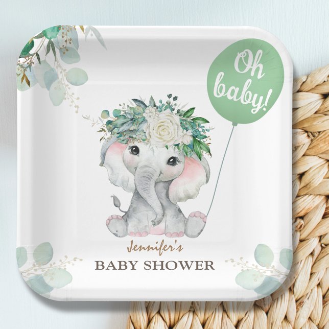 Plato De Papel Elefante Balón verde género Baby Shower neutral (Subido por el creador)