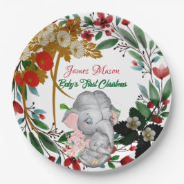 Plato De Papel Elefante Bebé 1 Navidades Wreath verde botánico