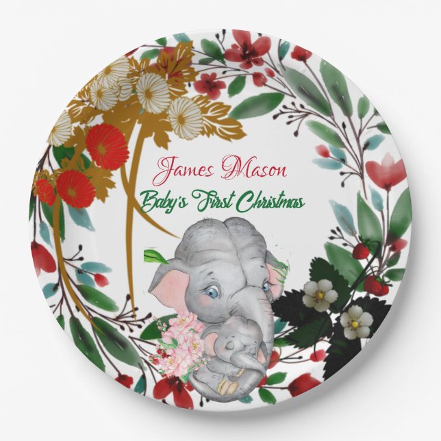 Plato De Papel Elefante Bebé 1 Navidades Wreath verde botánico (Anverso)