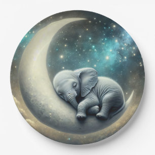 Plato De Papel Elefante Bebé Dormiendo En La Luna Creciente